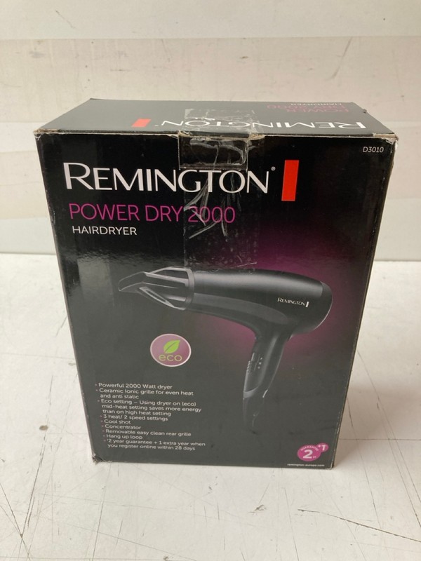 Lot 141  
            Nottingham SR3 - Delivery Only 

                
REMINGTON POWER DRY 2000 HAIR DRYER