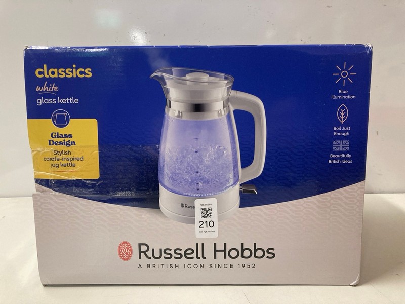 Lot 210  
            Nottingham SR3 - Delivery Only 

                
RUSSELL HOBBS WHITE CLASSIC GLASS KETTLE