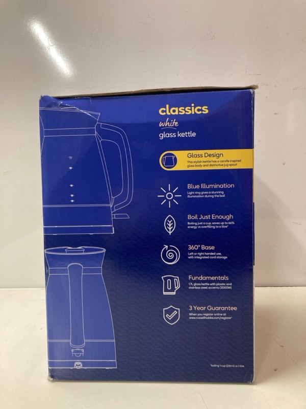 Lot 210  
            Nottingham SR3 - Delivery Only 

                
RUSSELL HOBBS WHITE CLASSIC GLASS KETTLE
