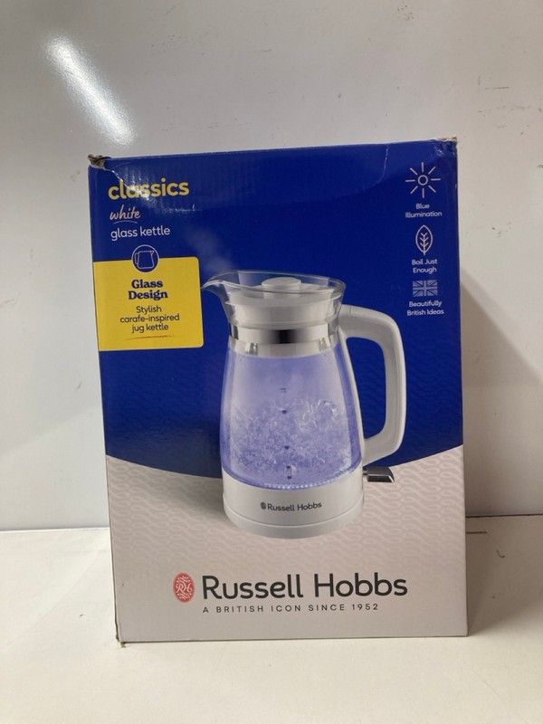 Lot 210  
            Nottingham SR3 - Delivery Only 

                
RUSSELL HOBBS WHITE CLASSIC GLASS KETTLE
