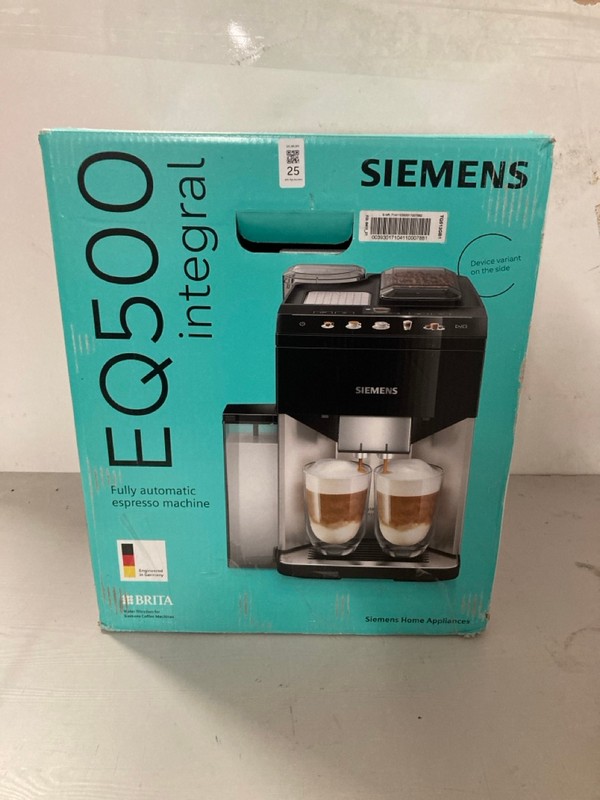 Lot 25  
            Nottingham SR3 - Delivery Only 

                
SIEMENS EQ500 INTEGRAL FULLY AUTOMATIC ESPRESSO MACHINE