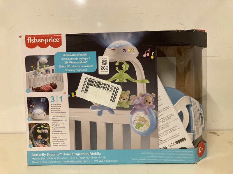 Lot 286  
            Nottingham SR3 - Delivery Only 

                
FISHER PRICE BUTTERFLY DREAMS 3 IN 1 PROJECTION MOBILE
