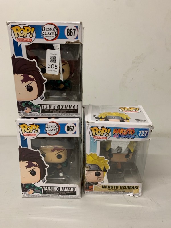 Lot 305  
            Nottingham SR3 - Delivery Only 

                
3 X  FUNKO POP FIGURES TO INCLUDE TANJIRO KAMADO