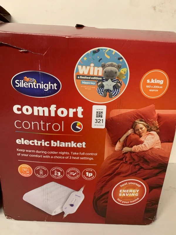 Lot 321  
            Nottingham SR3 - Delivery Only 

                
2 X SILENTNIGHT COMFORT ELECTRIC BLANKET