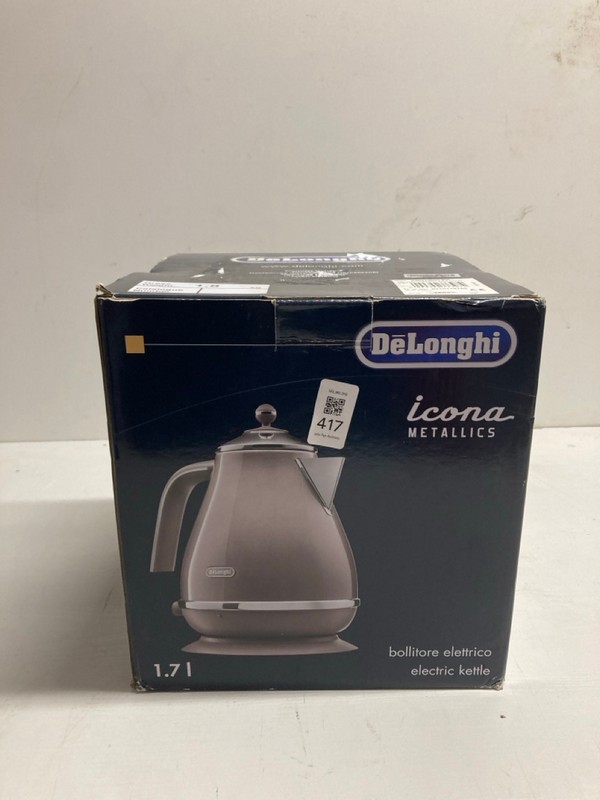 Lot 417  
            Nottingham SR3 - Delivery Only 

                
DELONGHI ICONA METALLICS ELECTRIC KETTLE