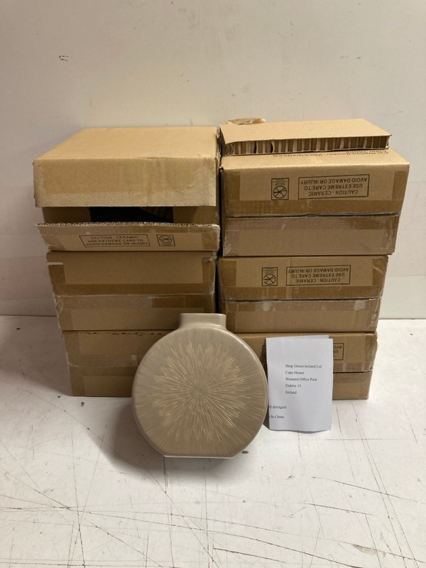 Lot 453  
            Nottingham SR3 - Delivery Only 

                
6 X SHOP DIRECT IRELAND ROUND SCRATCHED PATTERN VASE IN TAUPE