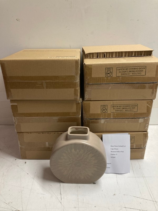 Lot 459  
            Nottingham SR3 - Delivery Only 

                
6 X SHOP DIRECT IRELAND ROUND SCRATCHED PATTERN VASE IN TAUPE