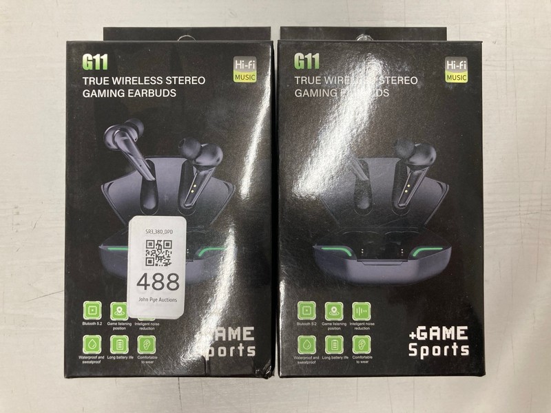 Lot 488  
            Nottingham SR3 - Delivery Only 

                
2 X G11 TRUE WIRELESS STEREO GAMING EARBUDS