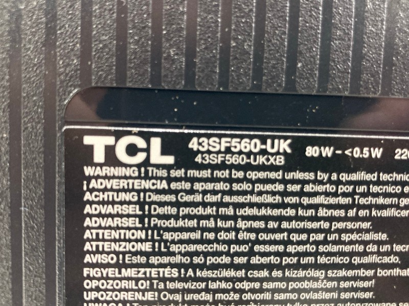Lot 107  
            Nottingham SR4 - Collection Only 

                
TCL 43" FIRE TV MODEL: 43SF560-UK (NO REMOTE, WITH STAND, WITH BOX) (SMASHED) (CO...