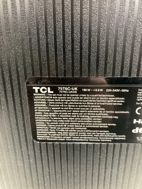 Lot 10  
            Nottingham SR4 - Collection Only 

                
TCL 75" 4K TV MODEL: 75T6C-UK(WITH REMOTE, WITH STAND, WITH BOX) (LINE ON SCREEN)...