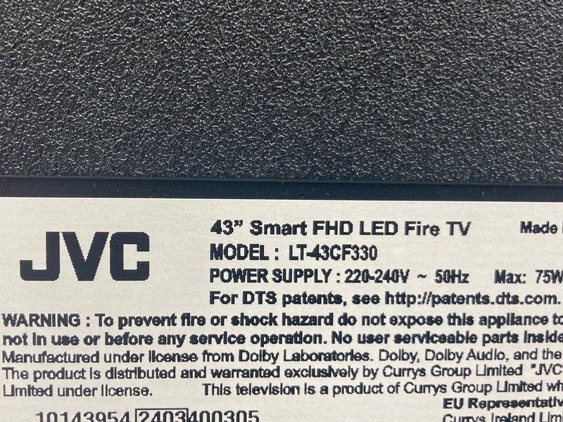 Lot 110  
            Nottingham SR4 - Collection Only 

                
JVC 43" FIRE TV MODEL: LT-43CF320 (NO REMOTE, NO STAND, NO BOX) (SCRATCH ON SCREE...