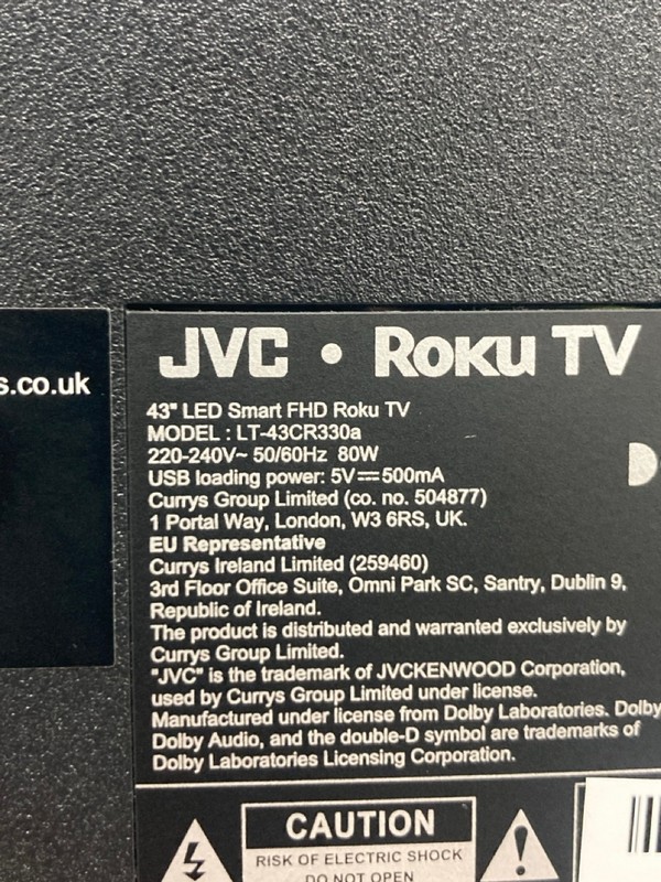 Lot 111  
            Nottingham SR4 - Collection Only 

                
JVC 43" ROKU TV MODEL: LT-43CR330A (WITH REMOTE, WITH STAND, WITH BOX) (MARK ON S...