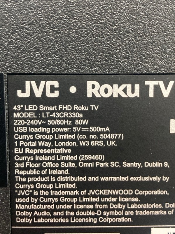Lot 112  
            Nottingham SR4 - Collection Only 

                
JVC 43" ROKU TV MODEL: LT-43CR330A (WITH REMOTE, NO STAND, WITH BOX) (SCRATCH ON ...