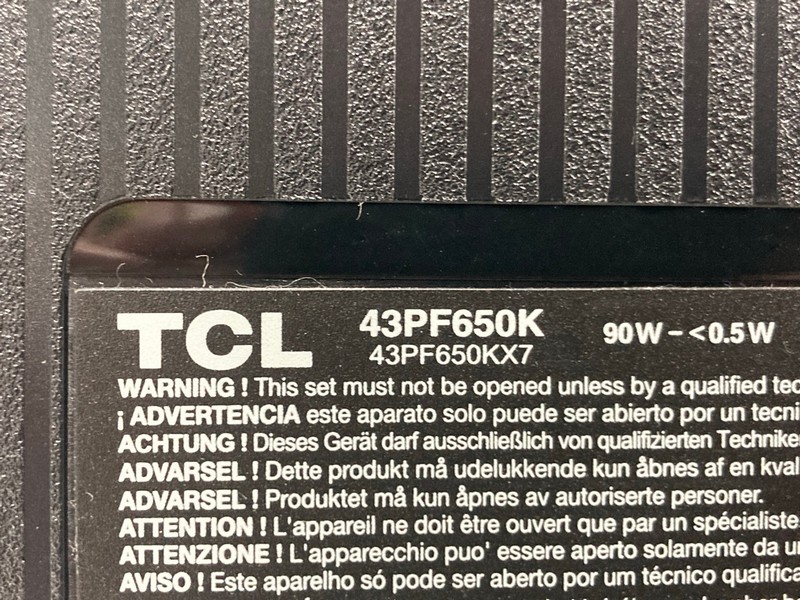 Lot 125  
            Nottingham SR4 - Collection Only 

                
TCL 43" 4K TV MODEL: 43PF650K (NO REMOTE, NO STAND, NO BOX) (COLLECTION FROM SITE...