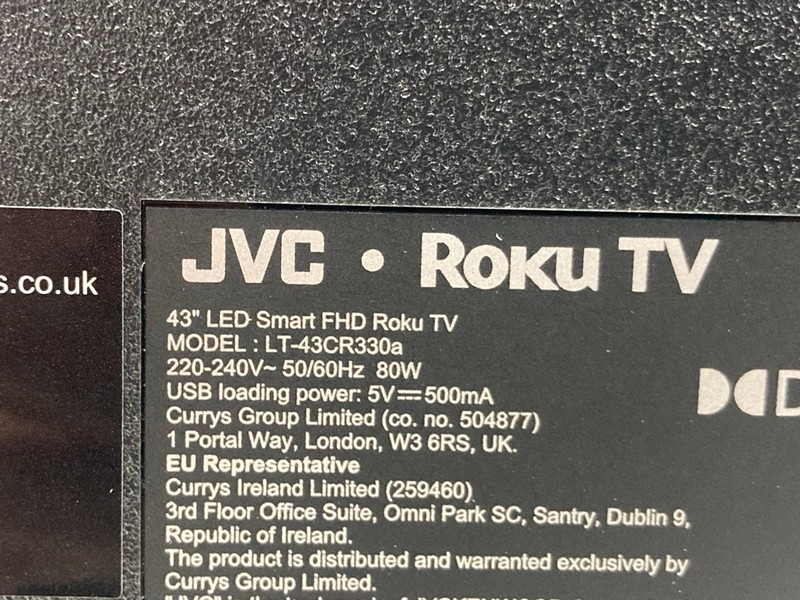 Lot 127  
            Nottingham SR4 - Collection Only 

                
JVC 43" ROKU TV MODEL: LT-43CR330A (MO REMOTE, WITH STAND, NO BOX) (LINE ON SCREE...