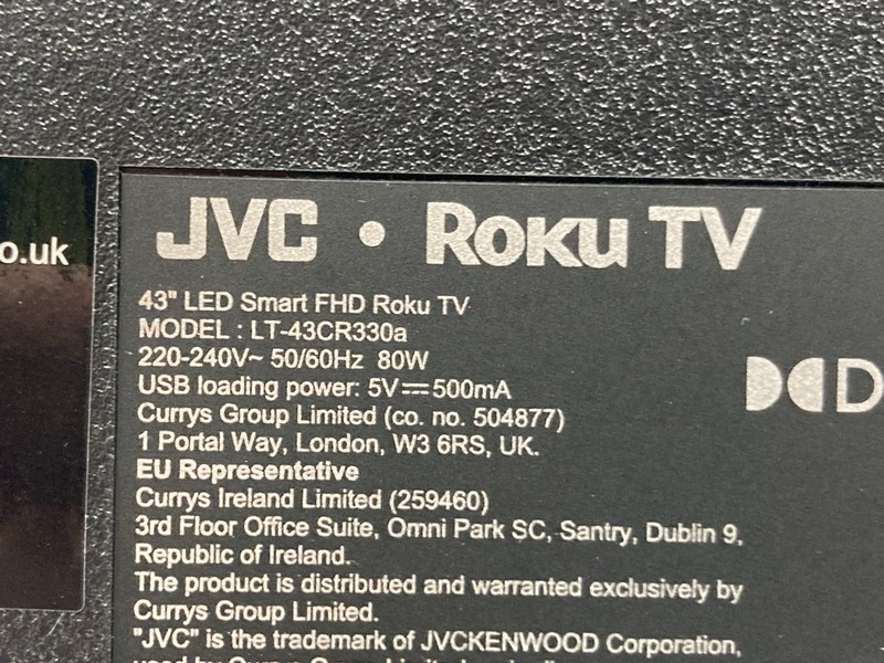 Lot 128  
            Nottingham SR4 - Collection Only 

                
JVC 43" ROKU TV MODEL: LT-43CR330A (MO REMOTE, NO STAND, NO BOX) (POWER/SYSTEM FA...