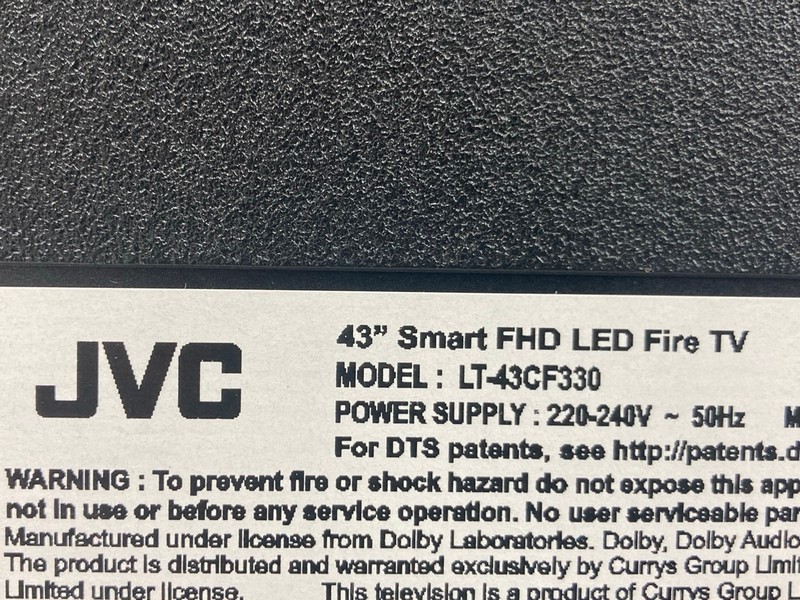 Lot 129  
            Nottingham SR4 - Collection Only 

                
JVC 43" FIRE TV MODEL: LT-43CF330 (NO REMOTE, NO STAND, NO BOX) (SCREEN BURN) (CO...
