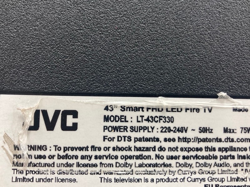 Lot 130  
            Nottingham SR4 - Collection Only 

                
JVC 43" FIRE TV MODEL: LT-43CF330 (NO REMOTE, NO STAND, NO BOX) (NO POWER) (COLLE...