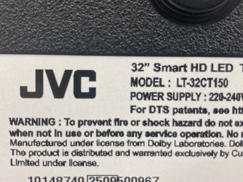 Lot 135  
            Nottingham SR4 - Collection Only 

                
JVC 32" SMART TV MODEL: LT-32CT150 (NO REMOTE, WITH STAND, WITH BOX) (POWER FAULT...