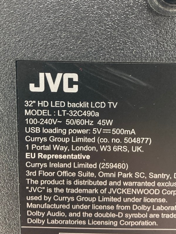 Lot 137  
            Nottingham SR4 - Collection Only 

                
JVC 32" HDTV MODEL: LT-32C490A (WITH REMOTE, WITH STAND, WITH BOX) (COLLECTION FR...