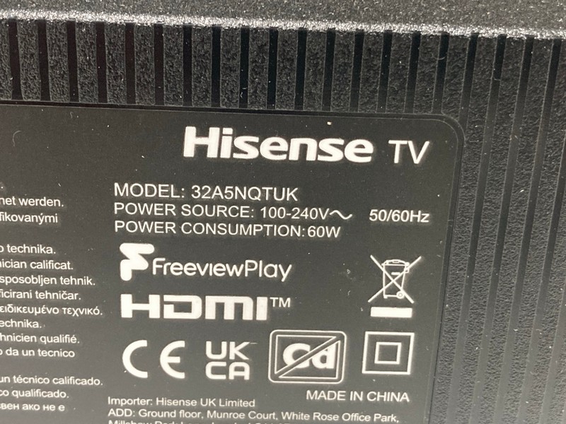 Lot 140  
            Nottingham SR4 - Collection Only 

                
HISENSE 32" HDTV MODEL: 32A5NQTUK (NO REMOTE, NO STAND, WITH BOX) (LINE ON SCREEN...