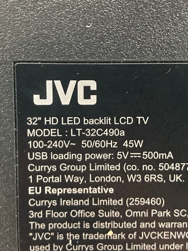 Lot 141  
            Nottingham SR4 - Collection Only 

                
JVC 32" HDTV MODEL: LT-32C490A (WITH REMOTE, WITH STAND, WITH BOX) (CASE DAMAGE) ...