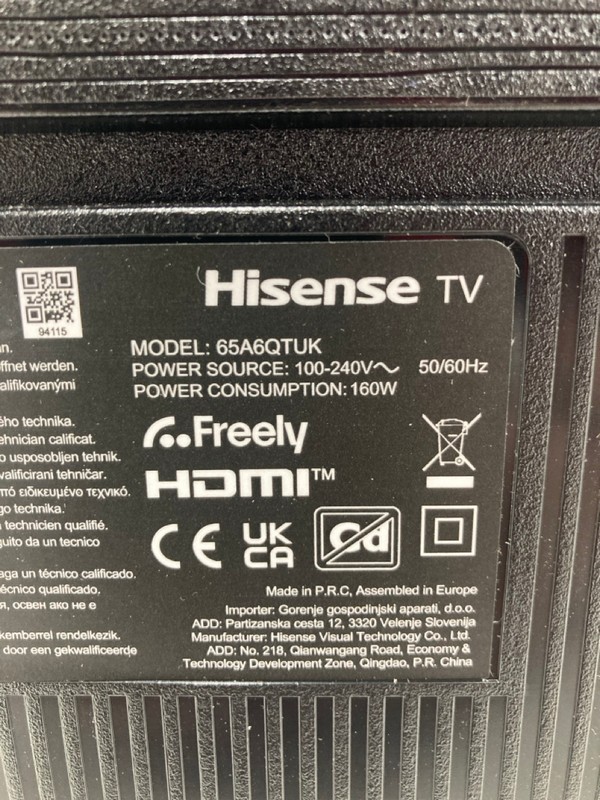 Lot 19  
            Nottingham SR4 - Collection Only 

                
HISENSE 65" 4K TV MODEL: 65A6QTUK (WITH REMOTE, WITH STAND, WITH BOX) (NO POWER) ...
