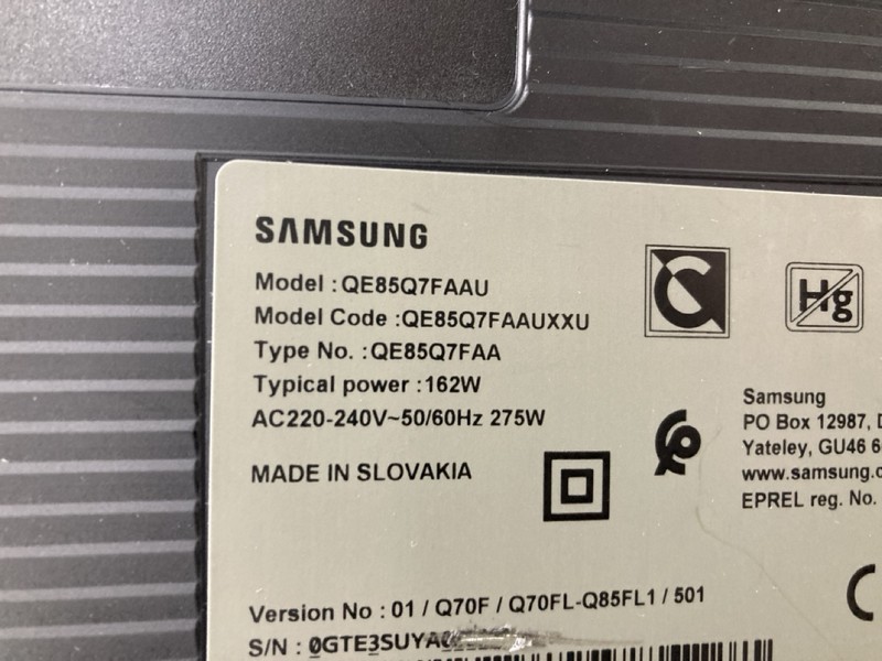 Lot 1  
            Nottingham SR4 - Collection Only 

                
SAMSUNG 85" QLED 4K TV MODEL: QE85Q7FAA (NO REMOTE, WITH STAND, NO BOX) (PRESSURE...