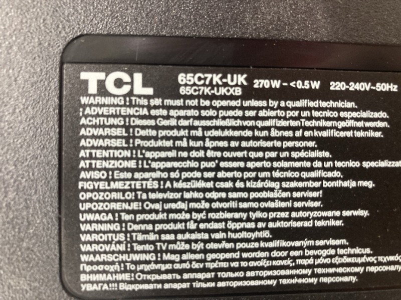 Lot 23  
            Nottingham SR4 - Collection Only 

                
TCL 65" QD-MINILED 4K TV MODEL: 65C7K-UK (WITH REMOTE, WITH STAND, WITH BOX) (NO ...