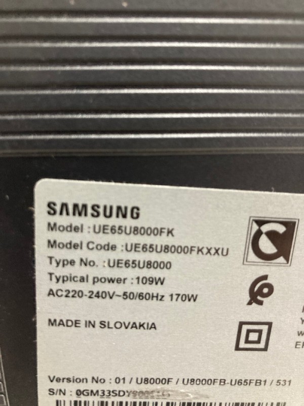 Lot 37  
            Nottingham SR4 - Collection Only 

                
SAMSUNG 65" 4K TV MODEL: UE65U8000F (WITH REMOTE, WITH STAND, NO BOX) (COLLECTION...