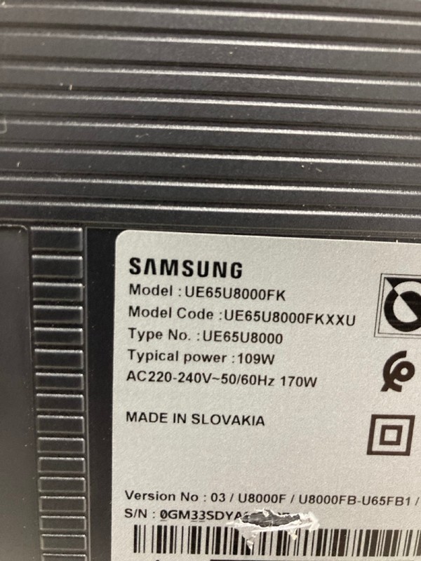 Lot 38  
            Nottingham SR4 - Collection Only 

                
SAMSUNG 65" 4K TV MODEL: UE65U8000F (NO REMOTE, WITH STAND, WITH BOX) (PRESSURE M...