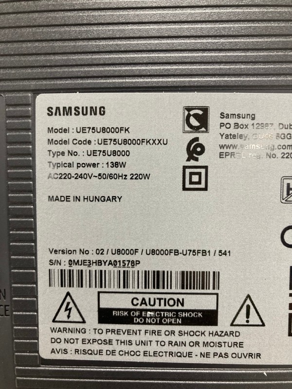 Lot 3  
            Nottingham SR4 - Collection Only 

                
SAMSUNG 75" 4K TV MODEL: UE75U8000F (NO REMOTE, NO STAND, NO BOX) (CASE DAMAGE) (...