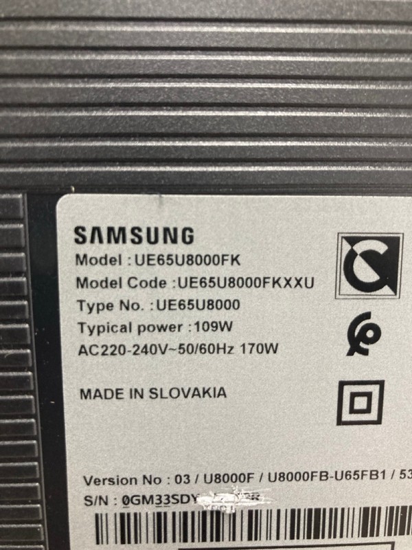 Lot 41  
            Nottingham SR4 - Collection Only 

                
SAMSUNG 65" 4K TV MODEL: UE65U8000F (NO REMOTES, NO STAND, WITH BOX) (PRESSURE MA...