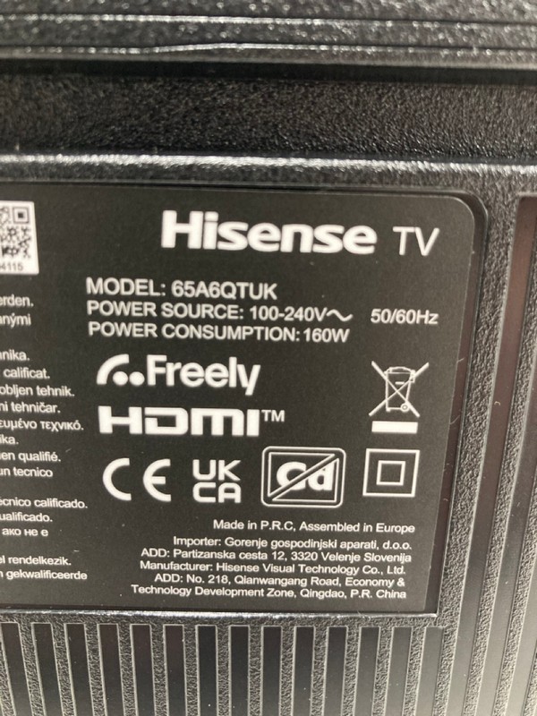 Lot 47  
            Nottingham SR4 - Collection Only 

                
HISENSE 65" 4K TV MODEL: 65A6QTUK (WITH REMOTE, WITH STAND, NO BOX) (SMASHED SCRE...