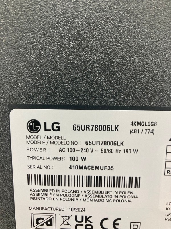 Lot 49  
            Nottingham SR4 - Collection Only 

                
LG 65" 4K TV MODEL: 65UR78006LK (NO REMOTE, NO STAND, NO BOX) (LINE ON SCREEN) (C...