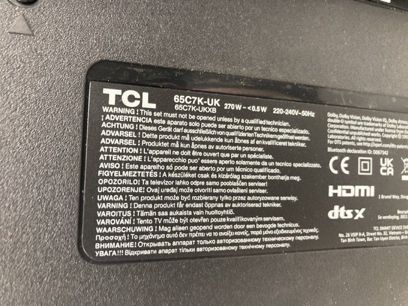 Lot 51  
            Nottingham SR4 - Collection Only 

                
TCL 65" 4K TV MODEL: 65C7K-UK (WITH REMOTE, WITH STAND, NO BOX) (SCRATCH ON SCREE...