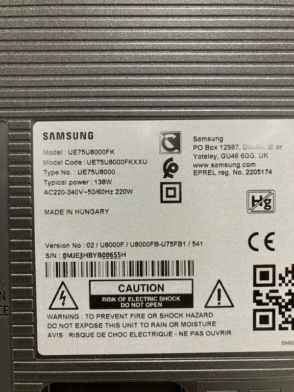 Lot 5  
            Nottingham SR4 - Collection Only 

                
SAMSUNG 75" 4K TV MODEL: UE75U8000FK (NO REMOTE, NO STAND, NO BOX) (CASE DAMAGE) ...