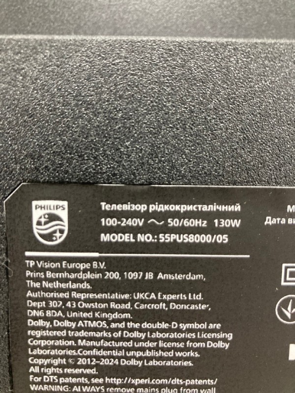 Lot 61  
            Nottingham SR4 - Collection Only 

                
PHILIPS 55" 4K TV MODEL: 55PUS8000/05 (WITH REMOTE, NO STAND, NO BOX) (LINE ON SC...