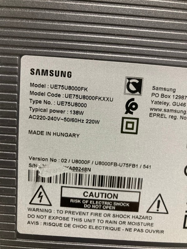 Lot 6  
            Nottingham SR4 - Collection Only 

                
SAMSUNG 75" 4K TV MODEL: UE75U8000FK (WITH REMOTES, NO STAND, NO BOX) (MARKS IN S...