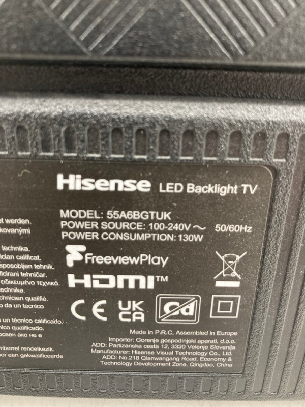 Lot 75  
            Nottingham SR4 - Collection Only 

                
HISENSE 55" 4K TV MODEL: 55A6BGTUK (NO REMOTE, WITH STAND, NO BOX) (NO SCREWS) (C...