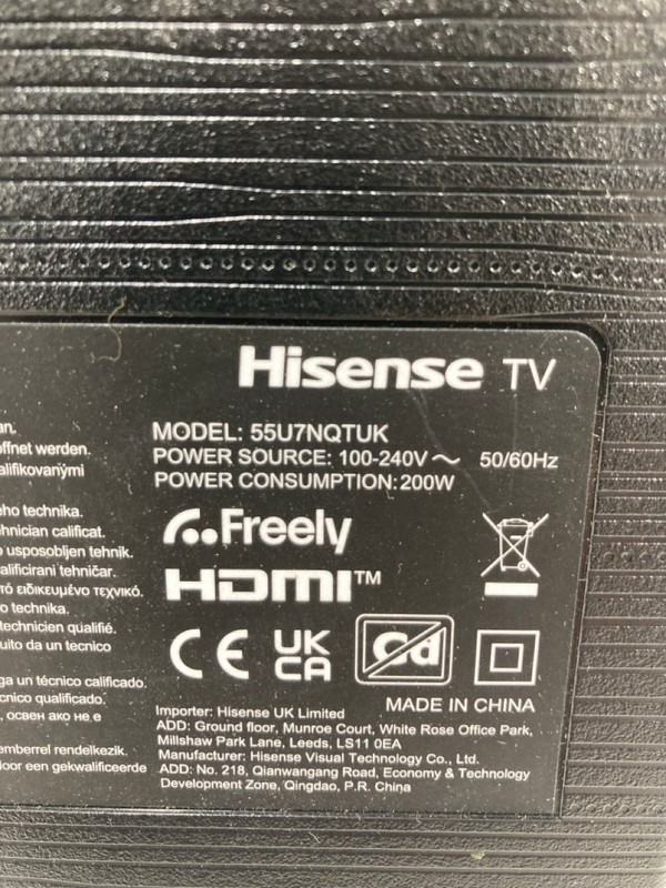 Lot 76  
            Nottingham SR4 - Collection Only 

                
HISENSE 55" ULED TV MODEL: 55U7NQTUK (NO REMOTE, NO STAND, NO BOX) (SMASHED, SCRA...