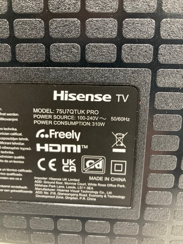 Lot 7  
            Nottingham SR4 - Collection Only 

                
HISENSE 75" MINI LED ULED 4K TV MODEL: 75U7QTUK PRO (WITH REMOTE, WITH STAND, WIT...