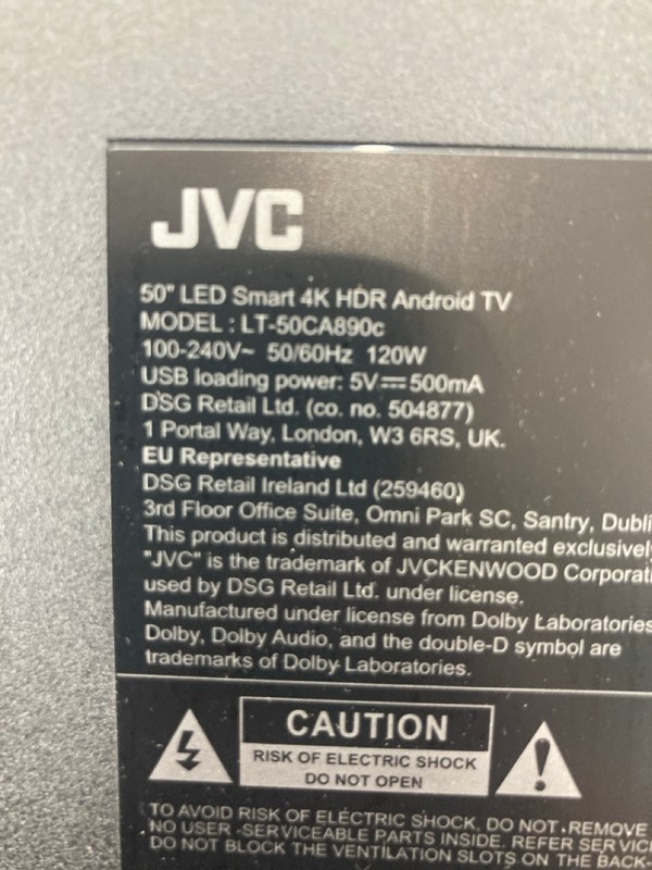 Lot 83  
            Nottingham SR4 - Collection Only 

                
JVC 50" 4K ANDROID TV MODEL: LT-50CA890C (NO REMOTE, NO STAND, NO BOX) (DISPLAY F...