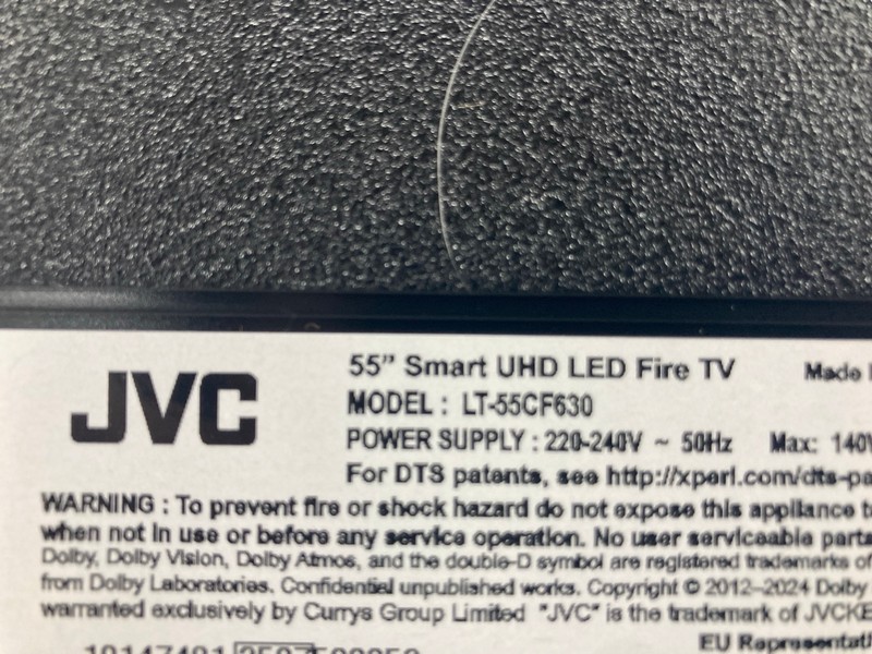 Lot 84  
            Nottingham SR4 - Collection Only 

                
JVC 55" FIRE TV MODEL: LT-55CF630 (NO REMOTE, WITH STAND, WITH BOX) (NO SCREWS) (...