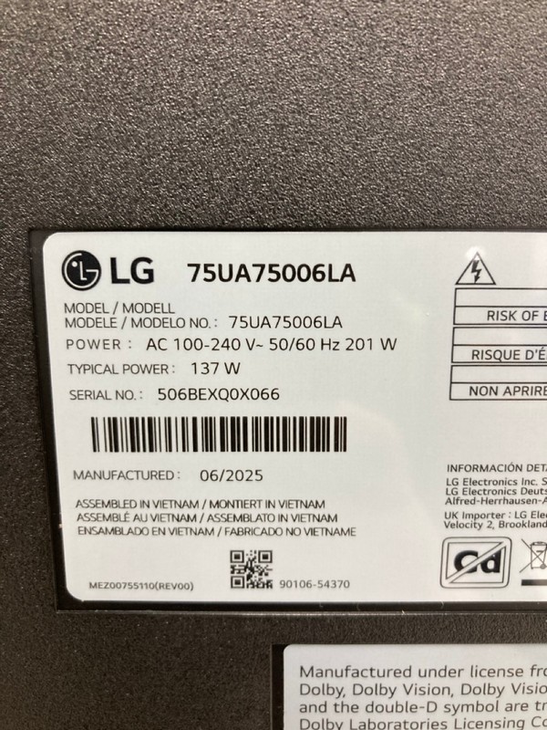 Lot 8  
            Nottingham SR4 - Collection Only 

                
LG 75" 4K TV MODEL: 75UA75006LA (WITH REMOTE, NO STAND, WITH BOX) (DISPLAY FAULT)...