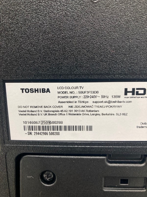 Lot 94  
            Nottingham SR4 - Collection Only 

                
TOSHIBA 50" 4K TV MODEL: 50UF3F53DB (NO REMOTE, WITH STAND, WITH BOX) (COLLECTION...