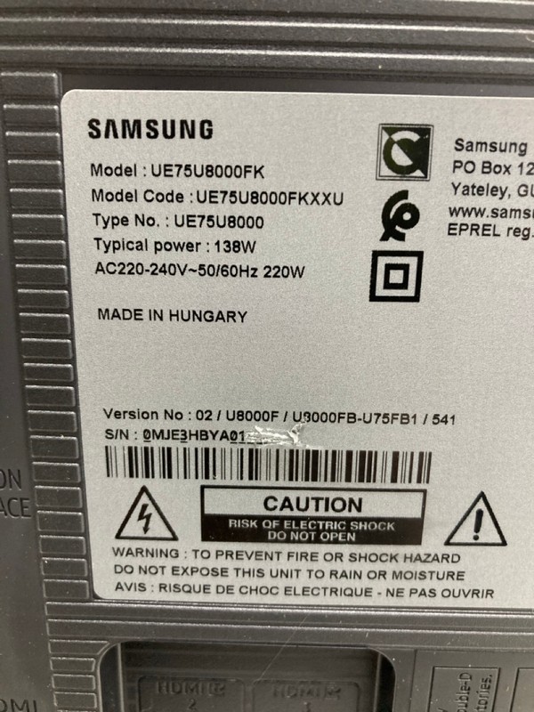 Lot 9  
            Nottingham SR4 - Collection Only 

                
SAMSUNG 75" 4K TV MODEL: UE75U8000FK (WITH REMOTE, WITH STAND, NO BOX) (PRESSURE ...