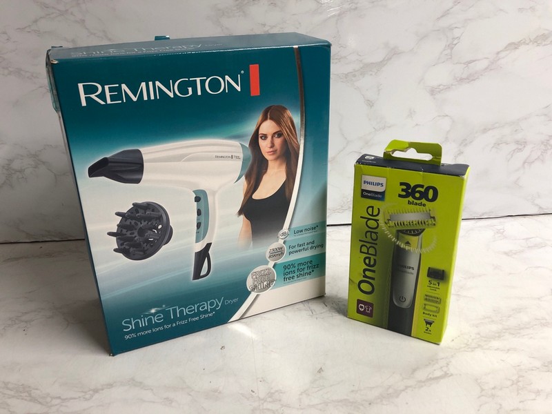 Lot 13  
            Nottingham SR5 - Delivery Only 

                
REMINGTON SHINE THERAPY HAIR DRYER & PHILIPS ONEBLADE 360 BLADE SHAVER