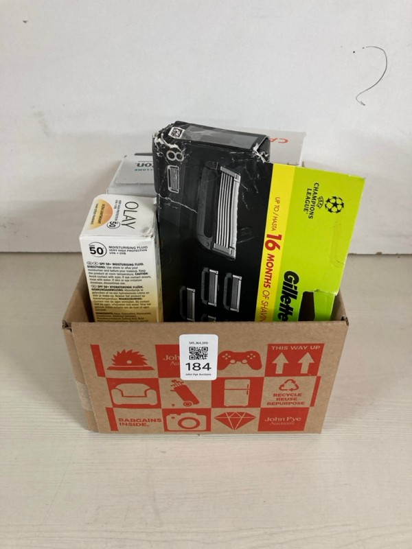 Lot 184  
            Nottingham SR5 - Delivery Only 

                
BOX OF ITEMS TO INC CALUPSO SUN CREAM