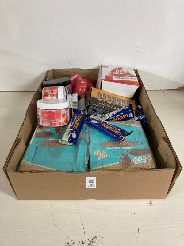 Lot 188  
            Nottingham SR5 - Delivery Only 

                
BOX OF VARIOUS ITEMS TO INC HIGH 5 ENERGY GELS